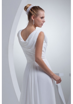 Column Sweep Train Bridal Dresses with Sash and Dropped Neckline