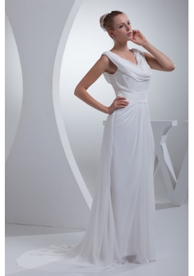 Column Sweep Train Bridal Dresses with Sash and Dropped Neckline