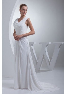 Column Sweep Train Bridal Dresses with Sash and Dropped Neckline