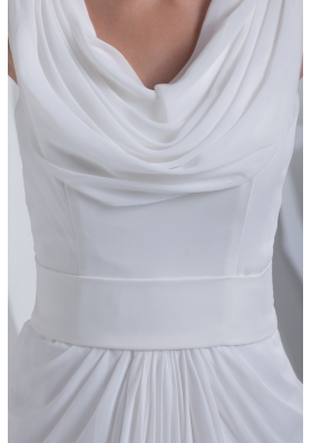 Column Sweep Train Bridal Dresses with Sash and Dropped Neckline