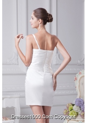 Cream Colored Beaded Ruched Short One Shoulder Prom Dress