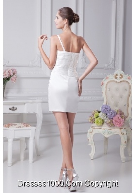 Cream Colored Beaded Ruched Short One Shoulder Prom Dress