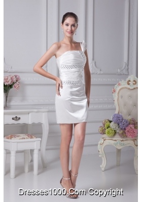 Cream Colored Beaded Ruched Short One Shoulder Prom Dress