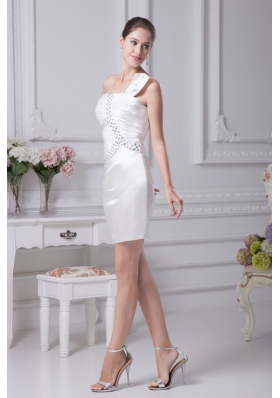 Cream Colored Beaded Ruched Short One Shoulder Prom Dress