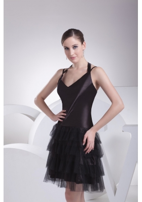 Customer Made Tulle Satin Straps Black Mini-length Prom Dress