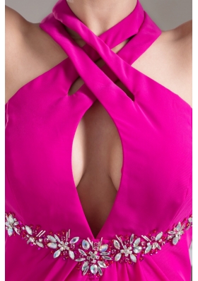 Cutout Halter Top Cool Back Short Beading Prom Dress in Fuchsia