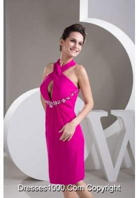 Cutout Halter Top Cool Back Short Beading Prom Dress in Fuchsia