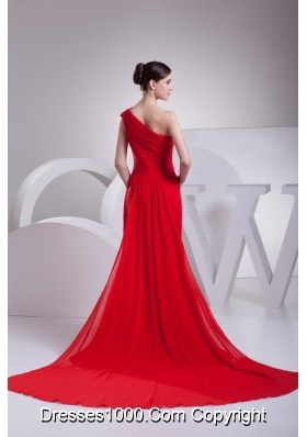 Cutout One Shoulder Ruching Watteau Train Prom Dresses in Red