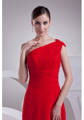 Cutout One Shoulder Ruching Watteau Train Prom Dresses in Red