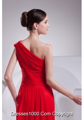 Cutout One Shoulder Ruching Watteau Train Prom Dresses in Red