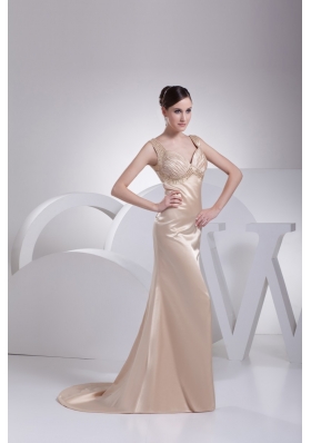 Diamonds Decorated Wide Straps Sheath Brush Train Prom Gowns