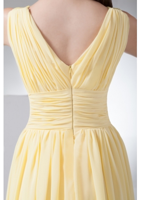 Empire V-neck Floor-length Ruched Yellow Chiffon Prom Dress