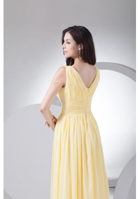 Empire V-neck Floor-length Ruched Yellow Chiffon Prom Dress