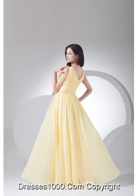 Empire V-neck Floor-length Ruched Yellow Chiffon Prom Dress