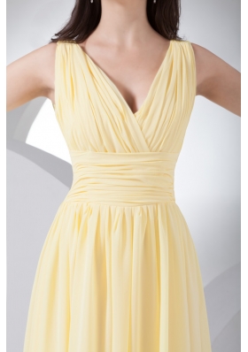 Empire V-neck Floor-length Ruched Yellow Chiffon Prom Dress