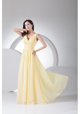 Empire V-neck Floor-length Ruched Yellow Chiffon Prom Dress