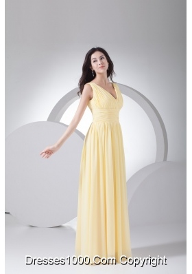 Empire V-neck Floor-length Ruched Yellow Chiffon Prom Dress