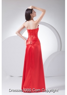 Floor-length Strapless Ruched Beaded Prom Dress in Red Fast Shipping