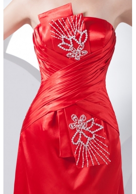 Floor-length Strapless Ruched Beaded Prom Dress in Red Fast Shipping