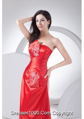 Floor-length Strapless Ruched Beaded Prom Dress in Red Fast Shipping