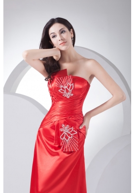 Floor-length Strapless Ruched Beaded Prom Dress in Red Fast Shipping