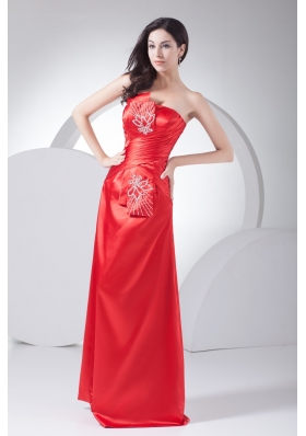 Floor-length Strapless Ruched Beaded Prom Dress in Red Fast Shipping