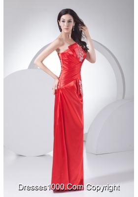 Floor-length Strapless Ruched Beaded Prom Dress in Red Fast Shipping