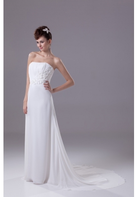 Floral Embellishment And Ruche Strapless Sweep Train Bridal Gowns