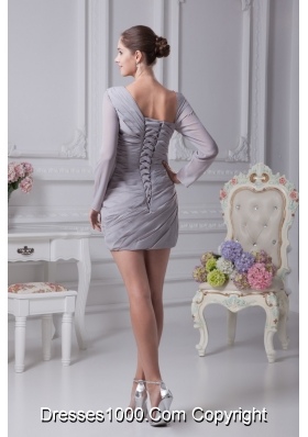 Gray Column Asymmetrical Long Sleeves Ruching Prom Dresses