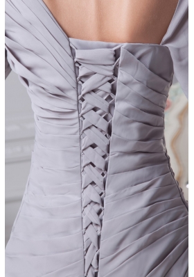 Gray Column Asymmetrical Long Sleeves Ruching Prom Dresses