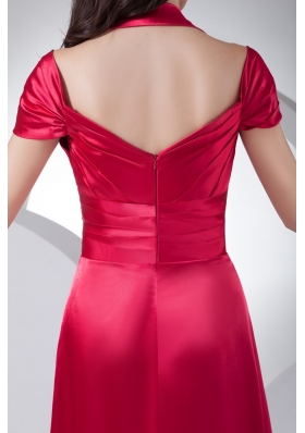 Halter Top Ruched Cap Sleeve Prom Dress for Women in Red