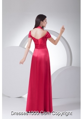 Halter Top Ruched Cap Sleeve Prom Dress for Women in Red