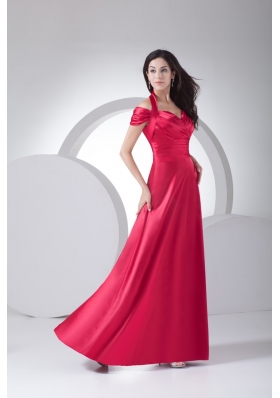 Halter Top Ruched Cap Sleeve Prom Dress for Women in Red