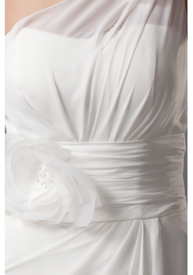 Handle Flowers One Shoulder Wedding Gown with Ruching and Ruffles