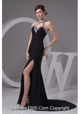 Jewelry Halter Sweep Train Sheath Prom Gowns with Silt on The Side