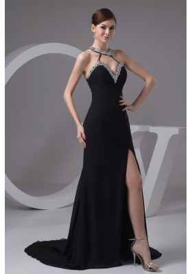 Jewelry Halter Sweep Train Sheath Prom Gowns with Silt on The Side