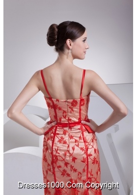 Knee-length Red Floral Lace Covered Prom Dress with Straps