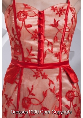 Knee-length Red Floral Lace Covered Prom Dress with Straps