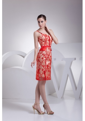 Knee-length Red Floral Lace Covered Prom Dress with Straps