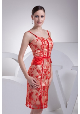 Knee-length Red Floral Lace Covered Prom Dress with Straps