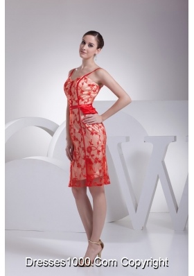 Knee-length Red Floral Lace Covered Prom Dress with Straps