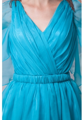 Long Open Sleeves V-neck A-line Prom Gowns with Belt