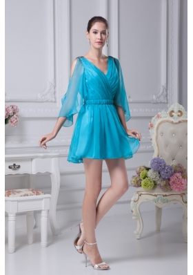 Long Open Sleeves V-neck A-line Prom Gowns with Belt