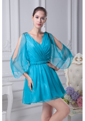 Long Open Sleeves V-neck A-line Prom Gowns with Belt