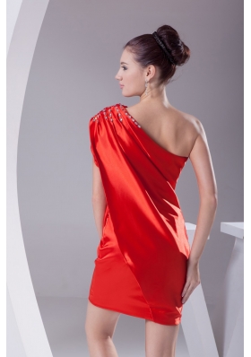 Low Price One Shoulder Beaded Mini Prom Dress for Ladies in Red