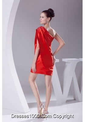 Low Price One Shoulder Beaded Mini Prom Dress for Ladies in Red