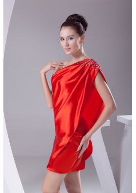 Low Price One Shoulder Beaded Mini Prom Dress for Ladies in Red