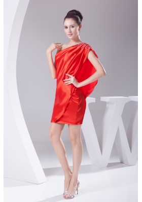 Low Price One Shoulder Beaded Mini Prom Dress for Ladies in Red