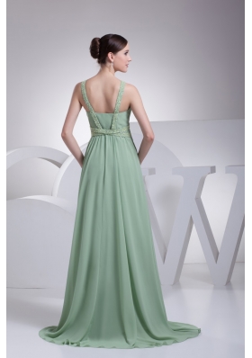 Modest Green Beaded V-neck Floor-length Empire Prom Dresses