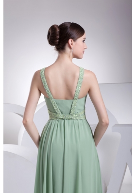 Modest Green Beaded V-neck Floor-length Empire Prom Dresses